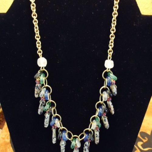 Brass Chain Link Necklace with Sea Glass & Obsidian