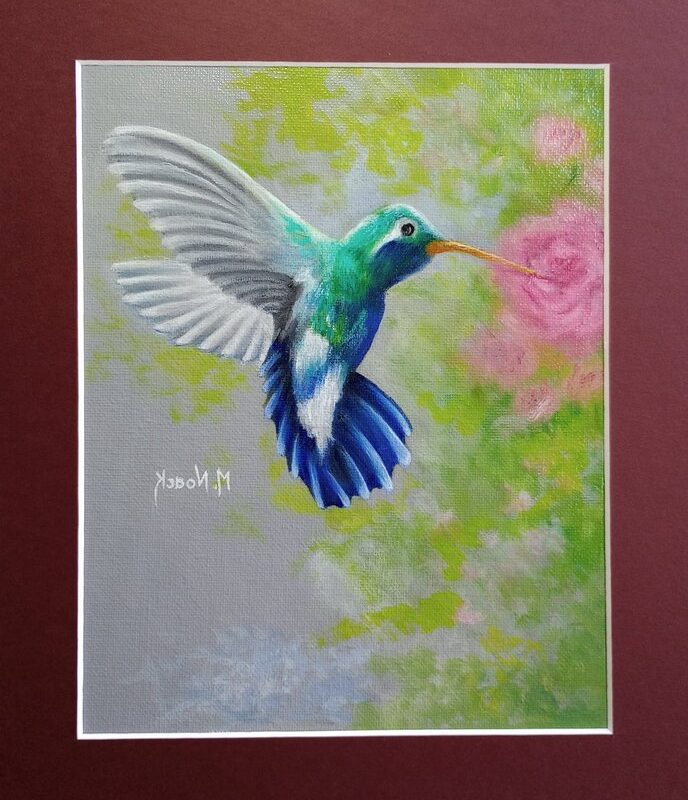 Hummingbird and A Rose 11x14 Matted Oil Painting