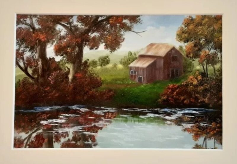 Red Barn on Pond 10×8 matted Oil painting